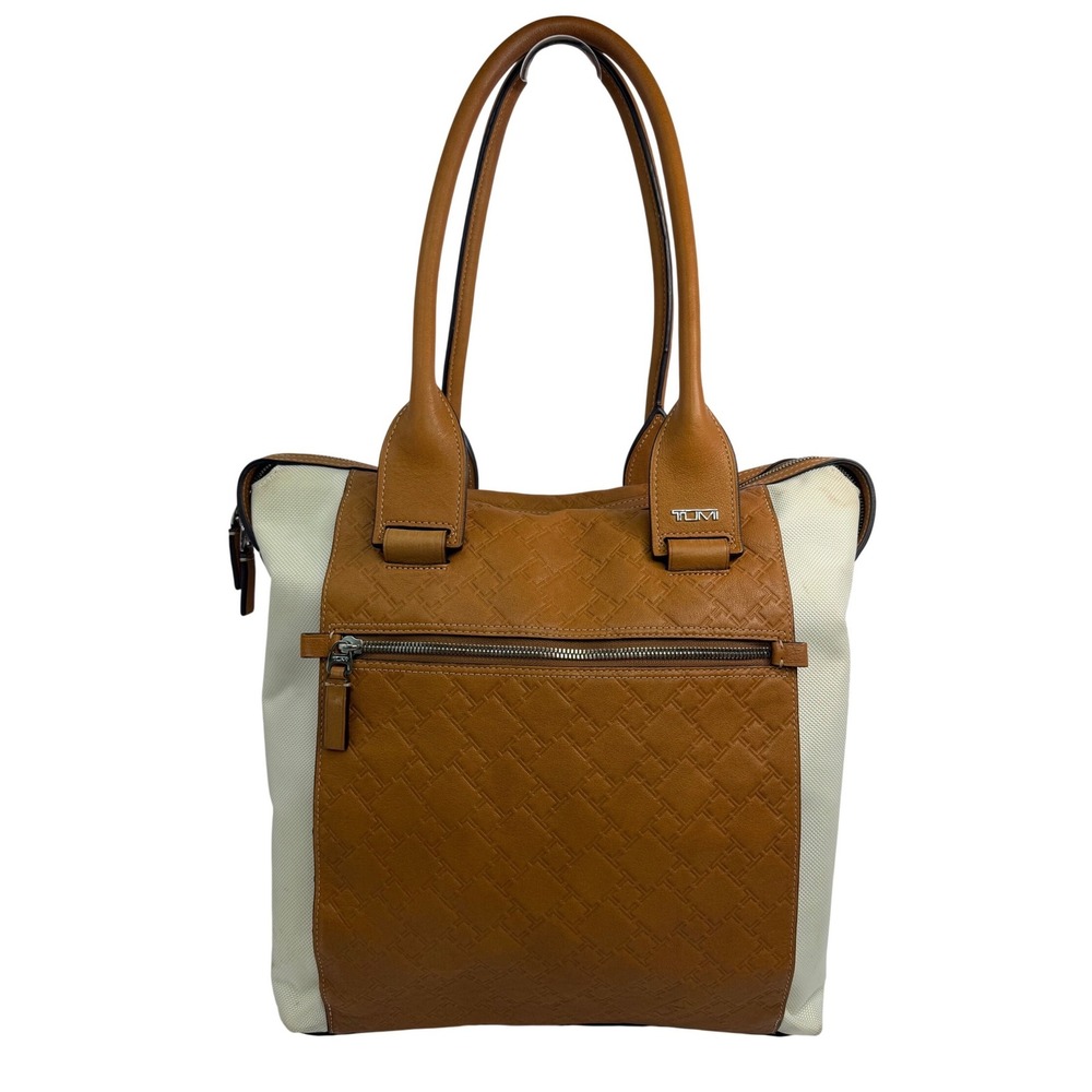 Tumi Ticon Magazine Tote Cream Brown Travel Bag ID Lock RFID Leather‎ Nylon